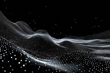 Abstract digital landscape of interconnected points, forming undulating shapes on a black background
