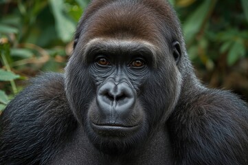 Obraz premium Close-up portrait of an adult male western lowland gorilla in its natural environment