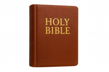 Leather-bound holy bible positioned vertically against transparent surface, symbolizing spiritual devotion and religious commitment