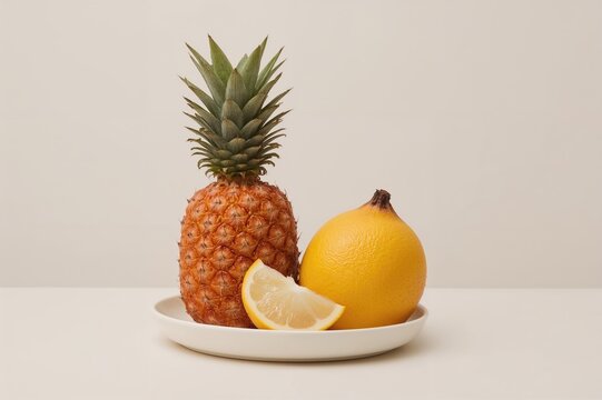 Tropical fruits including jackfruit, pomelo, and pineapple arranged on a white dish