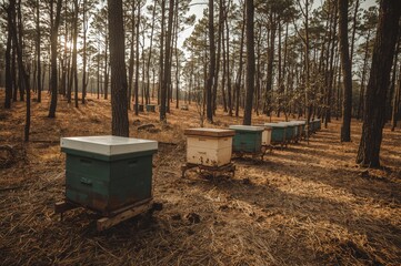Eco-friendly beekeeping operation crafting natural honey and bee products within a woodland environment