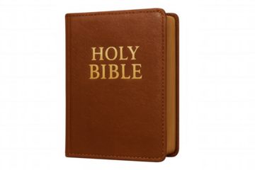 Golden-titled brown leather holy bible closed, resting on transparent surface, representing religious devotion and spiritual knowledge