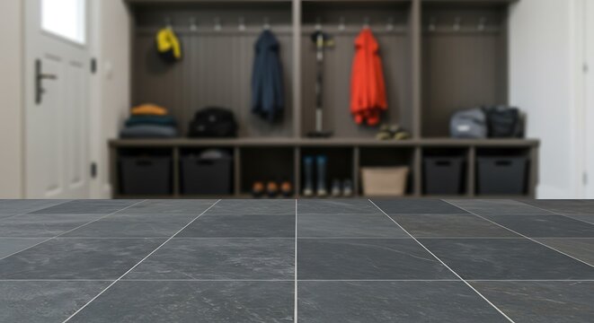 Mockup of mudroom with cubbies, coats, and shoes, ready for outdoor adventures for commercial usage - Powered by Adobe