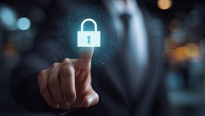 Close-up of a hand touching a digital lock graphic