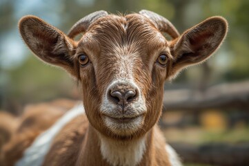 Close-up portrait of a brown goat staring into the lens
