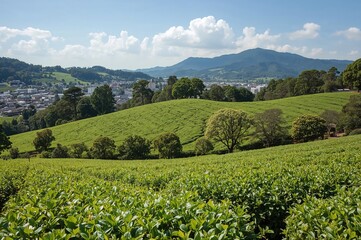 Scenic view of a tea garden surrounded by hills and greenery