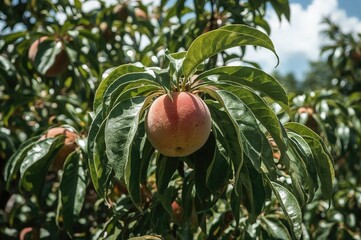 Fruits and leaves of a peach tree affected by leaf curl on a bright sunny day