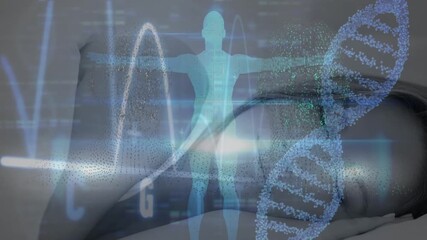 Animation of dna strand and data processing over caucasian woman sleeping - Powered by Adobe