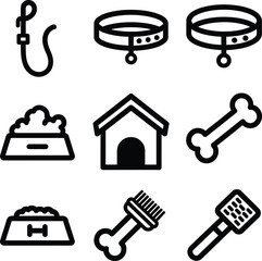 Collection of dog and pet accessories icons. A set of simple black and white vector line art illustrations of dog food, collar, leash, and grooming supplies.
