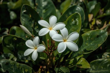 Obraz premium Vibrant Plumeria Rubra Blossoms Surrounded by Lush Foliage on a Sunny Day