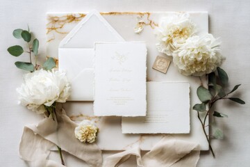 A luxurious flat-lay displays exquisite wedding stationery paired with delicate white peonies and greenery, all arranged artfully on a marble surface for a stylish touch