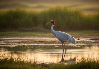 Naklejka premium Sarus crane standing gracefully in wetland grass during sunset – symbol of wildlife, nature conservation, and peaceful habitat.