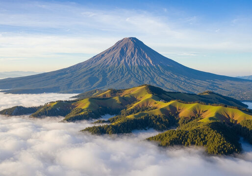 Majestic volcano peak emerging above rolling morning clouds