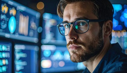 Focused IT professional in glasses intently analyzing complex data on multiple computer screens in a modern control room