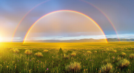 Double rainbow over a blooming meadow and green mountains &ndash; stunning natural landscape and beauty of nature after the rain.