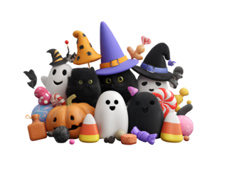 Spooky Halloween Collection with Ghosts Cats Pumpkins and Candy isolated on a transparent background