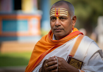 Hindu priest praying inside ancient temple in India – elderly man in traditional attire with folded hands showing spirituality and devotion