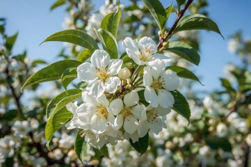 Gentle blossoms enhancing the fruit tree with elegance and charm, a natural ornament full of color and allure, showcasing the pure beauty of nature.