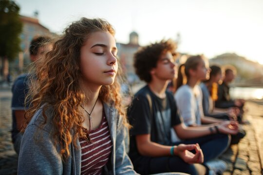 Group of teens doing breathing exercises in urban park relaxed mood wellness and connection