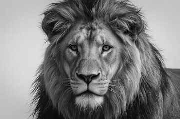 Fototapeta premium Black and white close-up of a majestic lion's face