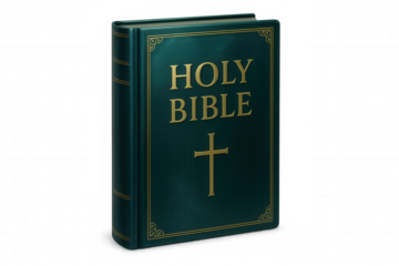 Green holy bible standing on transparent background, featuring golden christian cross and decorations