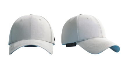 Two identical, light gray baseball caps displayed side-by-side