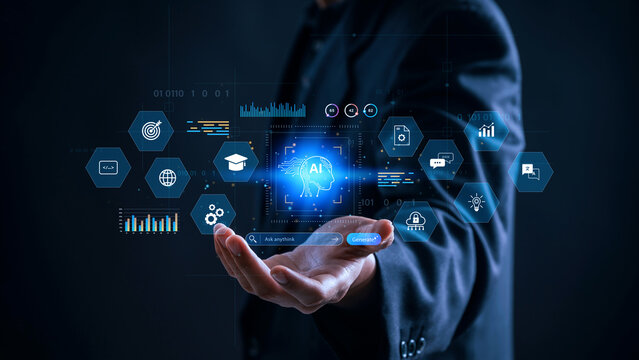 AI agent learning concept showing digital brain interface and machine learning icons in businessman hand, symbolizing intelligent automation, data processing, neural networks and smart technology - Powered by Adobe