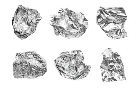 Crumpled sheets of metallic foil arranged in a grid pattern