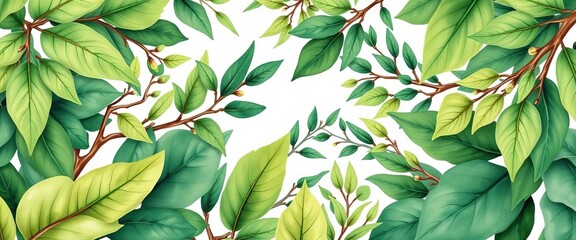 Abstract tropical foliage, watercolor green leaves & branches, hand-drawn botanical pattern,  vibrant,  illustration