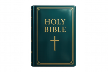 Closed golden-decorated holy bible with ornate cross, symbolizing spiritual reverence against translucent backdrop