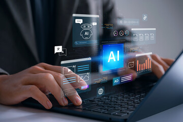 AI productivity interface on laptop screen with user typing prompts to generate content, manage tasks, and automate workflow through assistant tools, analytics, chatbot, and data in digital workspace