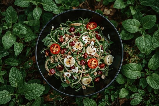 Top-down perspective of a salad served in a dark bowl