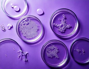Top view of clear thick liquid with molecular bubbles stuck together. Petri dishes 