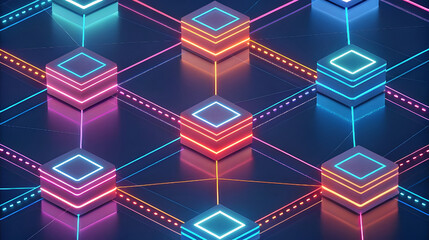 Abstract network of glowing cubes connected by neon lines and data streams