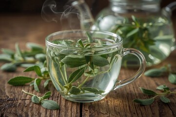 Pouring steaming water into a glass containing sage leaves, a natural herbal infusion for soothing coughs, throat irritation, and digestive issues
