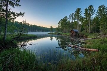 Scenic twilight panorama of a springtime marsh