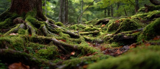 Obraz premium Mossy forest floor with roots and leaves