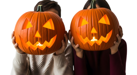 Two people holding carved jack-o'-lanterns with glowing faces against a white background, celebrating Halloween