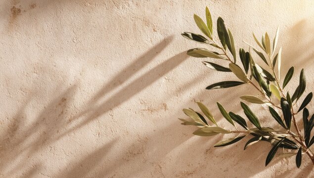 Olive branch shadows on a beige surface