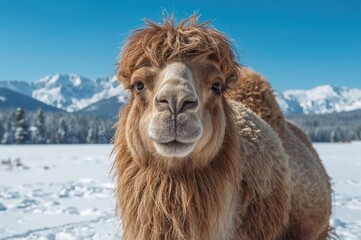 Fototapeta premium Winter portrait of a northern camel against a snowy scenic backdrop