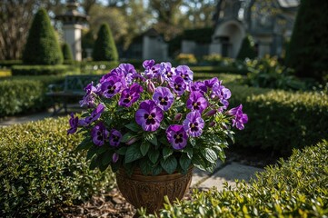 Obraz premium Vibrant purple pansy viola x wittrockingagams blooming in a flowerpot during spring and summer, showcasing natural beauty in a garden setting