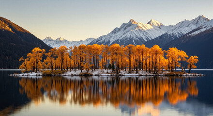 Fototapeta premium Vibrant autumn island reflected in mountain lake