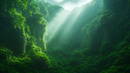 Dramatic sunlight illuminates lush green forest canyon in this stunning landscape photo