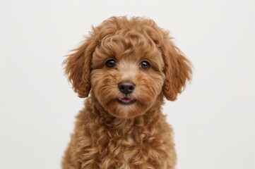 Close-up of tiny red poodle puppies against a white backdrop