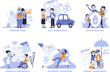 Set of Flat Vector Illustrations About Insurance and Financial Protection.Pension Fund, Health, Life, Auto, Accident and Travel Coverage.