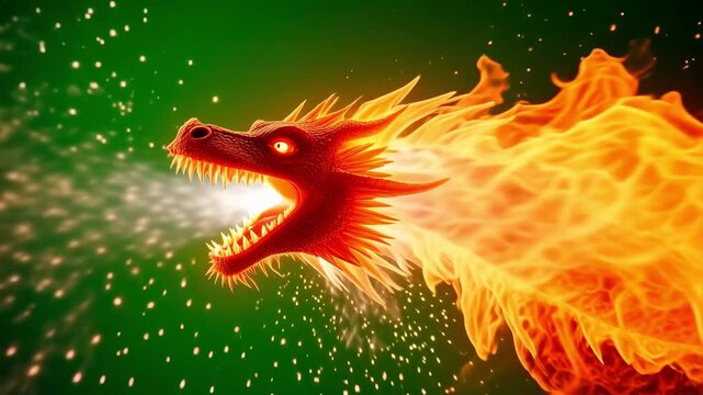 Fiery dragon breathing a powerful blast of flames with glowing eyes and scales against a vivid green background