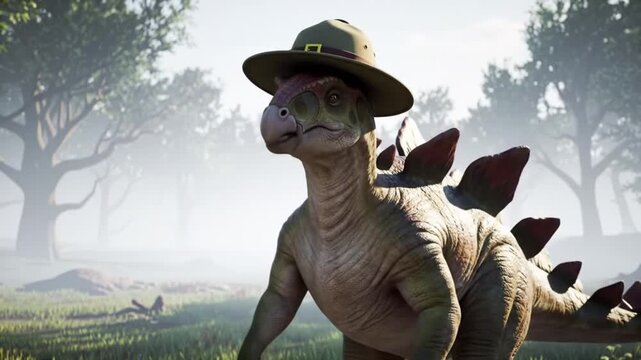 A vigilant Stegosaurus park ranger wearing a campaign hat stands guard in a foggy prehistoric wilderness