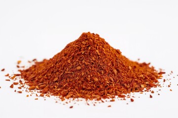 A pile of dried chili flakes, including Cayenne and red pepper, displayed on a white background