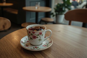 Obraz premium Morning tea served on a rustic wooden tray in a cozy dining spot. Floral infusion for calmness and rejuvenation at the start of the day.