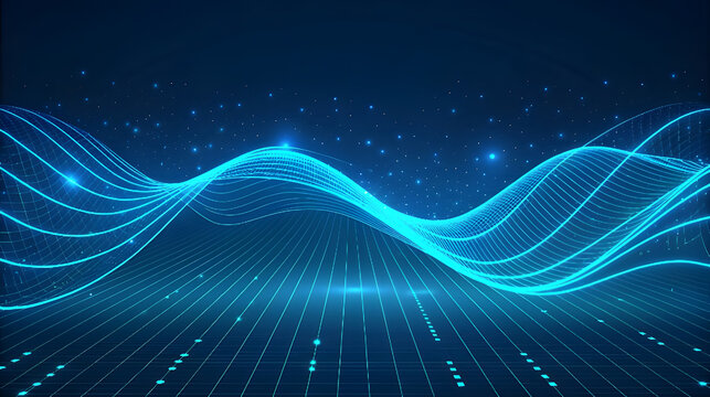 Abstract blue digital waveform with glowing particles and binary code background